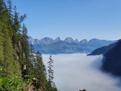 Oben blau, unten grau. Wunderbare Sicht zu den Churfirsten, auf dem Weg zu den Murgseen. (Bild: Stephan Lendi)