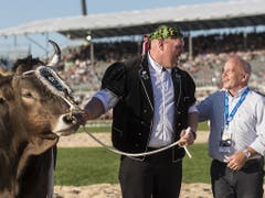 Christian Stucki mit Bundespräsident Ueli Maurer und Siegermuni «Kolin» (Bild: KEYSTONE/ALEXANDRA WEY)