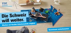 Die FDP thematisiert in ihrer Plakatkampagne flexible Arbeitsmodelle für eine bessere Vereinbarkeit von Beruf und Familie. (Bild: FDP)