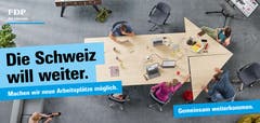 Auch neue Arbeitsplätze sind ein Wahlkampf-Thema auf den FDP-Plakaten. (Bild: FDP)