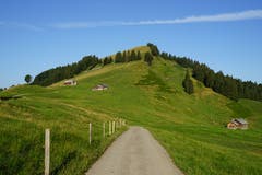 Nach dem Chräzerenpass folgt offenes Wiesland. In einem grossen Bogen umrundet man eine Senke (im Bild rechts). Vorsicht beim Abzweiger: Der Weg zum Ofenloch ist am Wegweiser nicht angeschrieben. Stattdessen dem Flurnamen «Neuwald» folgen.
