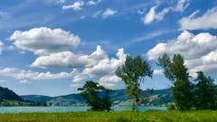 Blauer Himmel und weisse Schäfchenwolken über dem Ägerisee. (Bild: Peter Bumbacher, Morgarten, 3. August 2019)