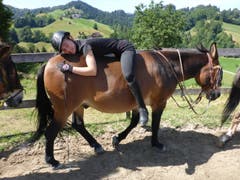 Auch eine Variante: Chiara prüft auf dem Muli Franco alternative Reitmethoden. (Bild: Reitferiencamp mit Maultieren, Willisau, 4. August, 2019)