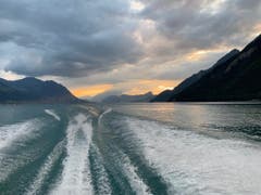 Auf der Rückfahrt von der Obermatt Richtung Flüelen – mit dem Pilatus im Hintergrund – bildete sich im Beckenrieder Becken des Vierwaldstättersees diese Heckwelle in Form eines Kopfes, der das Motorboot mit grimmigem Blick zu verfolgen scheint. «Halloween bereits im Juli, habe ich mir beim Betrachten dieses Wellenbilds gedacht», erklärt der Fotograf.