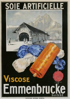 Ein Werbeplakat der Viscose-Fabrik, auf dem die alte Brücke über die kleine Emme abgebildet ist.