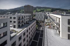 Blick von der Dachterrasse des Hauses Mattenhof 6 auf das neue Quartier. (Bild: Pius Amrein, Kriens 10. September 2019)