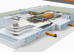 Das neue Logistikzentrum von Fust in Oberbüren im Modell. Es ist mit 50'000 m2 doppelt so gross wie das alte Lager am gleichen Standort. (Bild: Bild von Fust zur Verfügung gestellt)