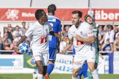 Und auch die Luzerner Spieler Ibrahima Ndiaye (links) und Otar Kakabadze freuen sich über das zweite Tor. Bild: Keystone/Urs Flüeler (Wohlen, 15. September 2019)