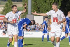 Die Luzerner Francesco Margiotta (links) und Idriz Voca feiern das zweite Tor. Bild: Keystone/Urs Flüeler (Wohlen, 15. September 2019)