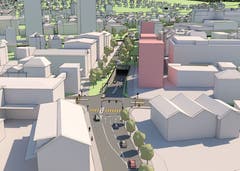 Das Portal Nord des Tunnels Industriestrasse und der Knoten Löwenstrasse. (Visualisierung: PD)