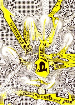 Beispiel aus der Ausstellung «Pre-digital», Plakat von Ralph Schraivogel (Zürich): Weltformat-Organisator Erich Brechbühl dazu: «Ralph Schraivogel ist bekannt für visuelle Experimente mit der Reprokamera, die wie digitale Effekte aussehen. Für das Plakat seiner eigenen Ausstellung erstellte er ein Gipsmodell seiner Hand (Bild unten), aus dem er via Thermoformen ein transparentes Relief herstellte. Er konnte dieses Relief dann mit Wasser füllen, was unter der Reprokamera zu Verzerrungen führte.»