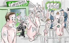 Die todsicheren Fans. Nach der Pyro-Aktion im Kybun-Park hat die Stadtpolizei die Vorschriften für den Fansektor verschärft: Fahnen und andere Utensilien sind fürs Spiel gegen Thun verboten. Falls trotzdem Gegenstände ins Stadion geschmuggelt werden, gehen die Behörden beim nächsten Heimspiel wohl noch einen Schritt weiter. (Illustration: Corinne Bromundt - 28. September 2019)