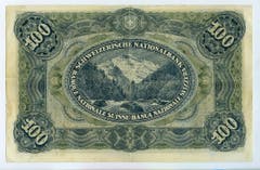 Reproduktion der Rückseite der 100-Franken-Banknote («Wilhelm Tell II») der SNB, 3. Serie, ausgegeben 1918, zurückgerufen 1925. (Quelle: Archiv der SNB)