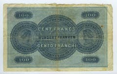 Reproduktion der Rückseite der 100-Franken-Banknote der SNB, 1. Serie, ausgegeben 1907, zurückgerufen 1925. (Quelle: Archiv der SNB)