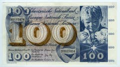 Reproduktion der Vorderseite der 100-Franken-Banknote («St.Martin») der SNB, 5. Serie, ausgegeben 1957, zurückgerufen 1980. (Quelle: Archiv der SNB)