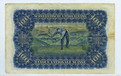Reproduktion der Rückseite der 100-Franken-Banknote («Mäher») der SNB, 2. Serie, ausgegeben 1911, zurückgerufen 1958. (Quelle: Archiv der SNB)