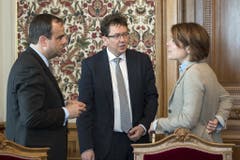 April 2016 – die neuen Parteipräsidenten. Drei der vier Bundesratsparteien wechselten Anfang Legislatur den Präsidenten aus: Gerhard Pfister übernahm bei der CVP von Christophe Darbellay, die freisinnige Petra Gössi von Philipp Müller und Albert Rösti (SVP) von Toni Brunner. (Bild: Keystone)