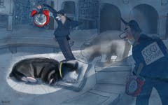 Soko Tiefschlaf. Am vergangenen Wochenende hatte die Stadtpolizei St.Gallen viel zu tun – und sah sich dabei mit ungewohnten Aufgaben konfrontiert: Die Beamten mussten alles in allem elf Personen wecken, die sich irgendwo in der Stadt schlafen gelegt hatten. Es ist wohl nur eine Frage der Zeit, bis eine neue Sonderkommission - eine Soko, wie wir sie aus dem Krimi kennen - auf Patrouille geht. (Illustration: Corinne Bromundt - 7. September 2019)