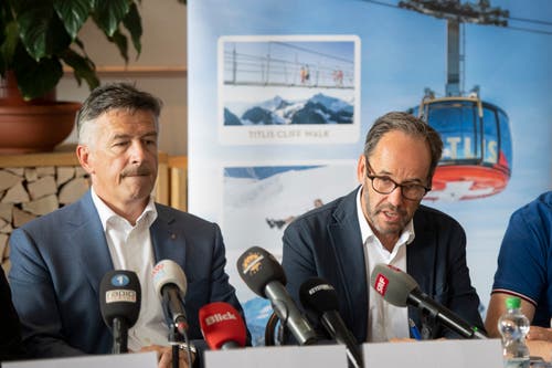 Hans Wicki, Council of States of Nidwalden, who chairs Titlisbahnen's board of directors, alongside CEO Norbert Patt at the press conference held at the Terrace Hotel in Engelberg. (Image: Urs Flüeler / Keystone, Engelberg, June 5, 2019) 